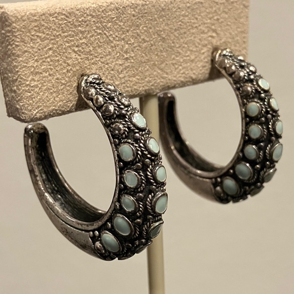 Turquoise Silver Half Hoop Earrings - Picture 4 of 6